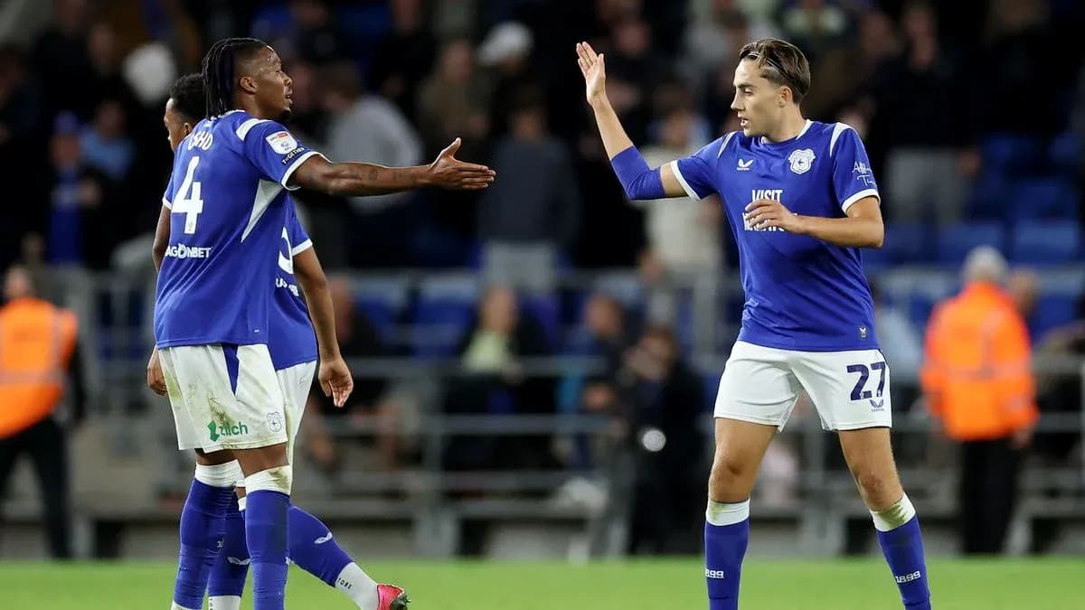 Two Cardiff City players celebrating a goal on pitch Two Cardiff City players celebrating a goal on pitch