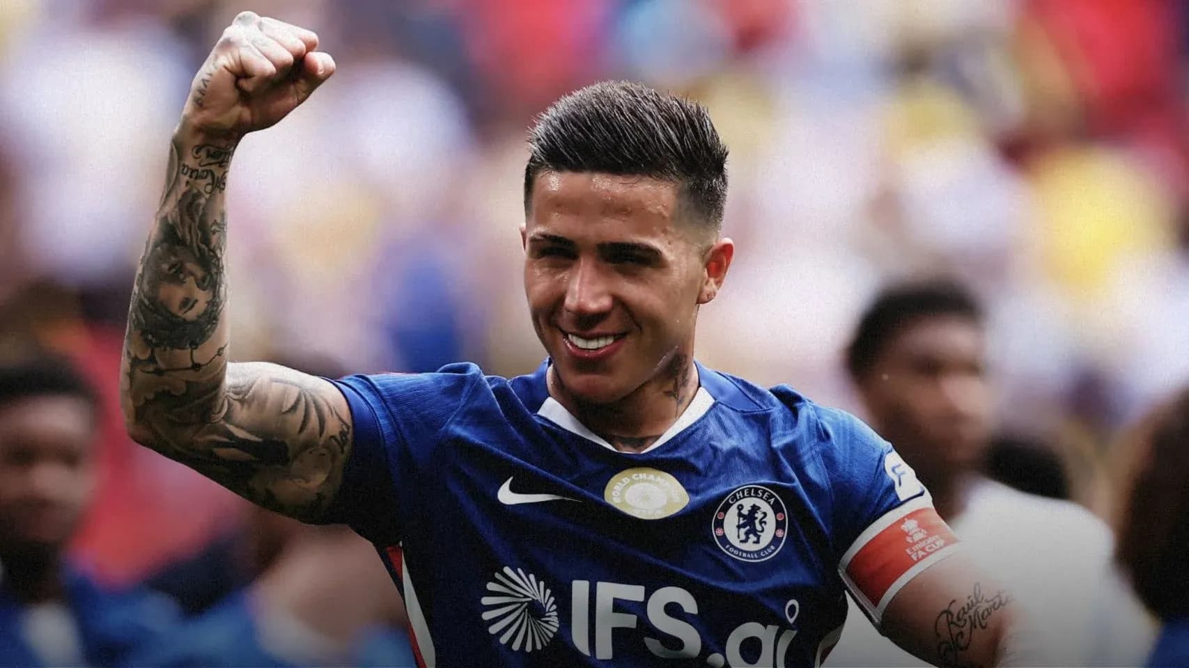 Player celebrating after a match wearing Chelsea jersey Player celebrating after a match wearing Chelsea jersey