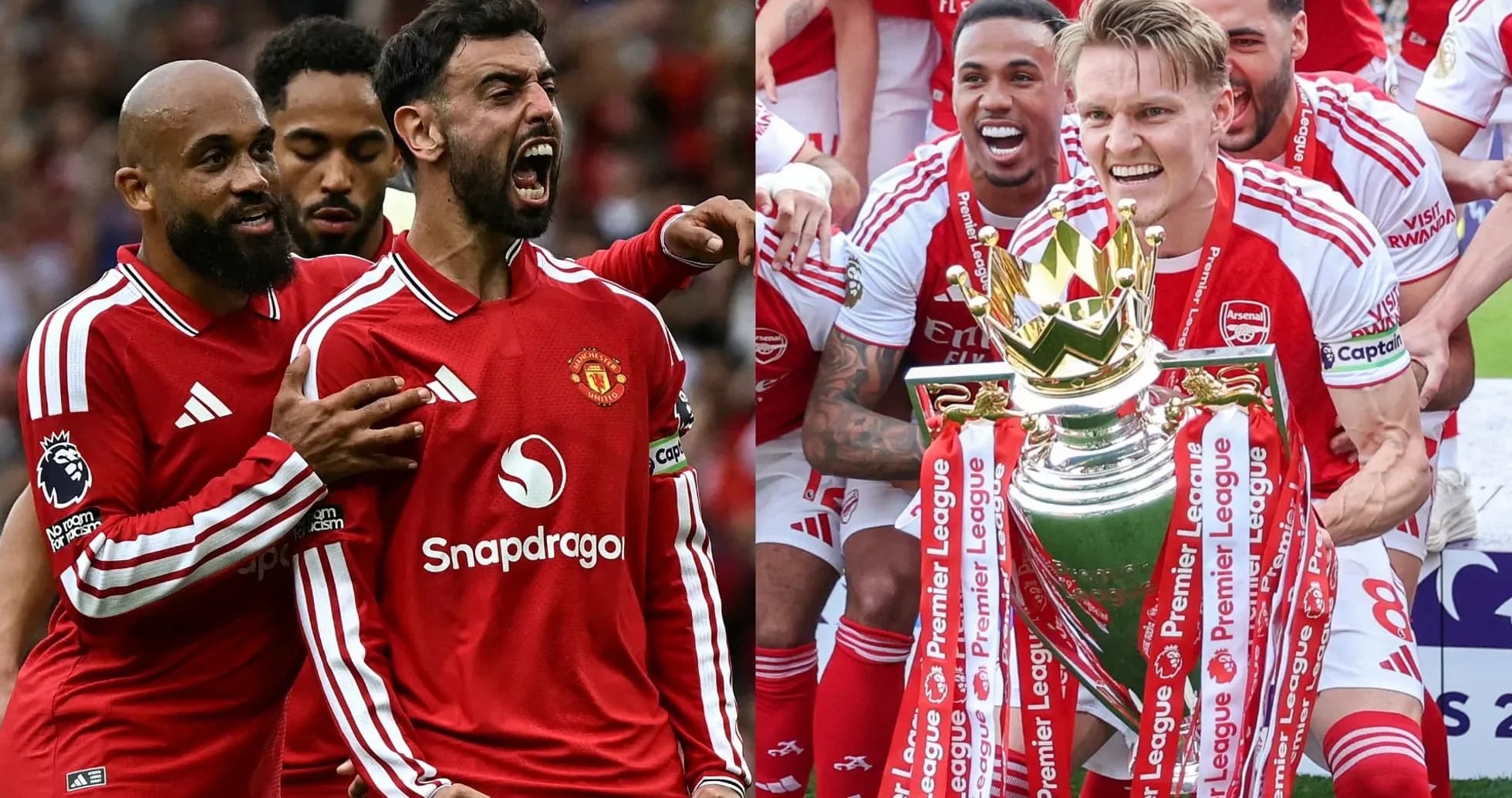 Manchester United players celebrating; Arsenal lifting trophy Manchester United players celebrating; Arsenal lifting trophy