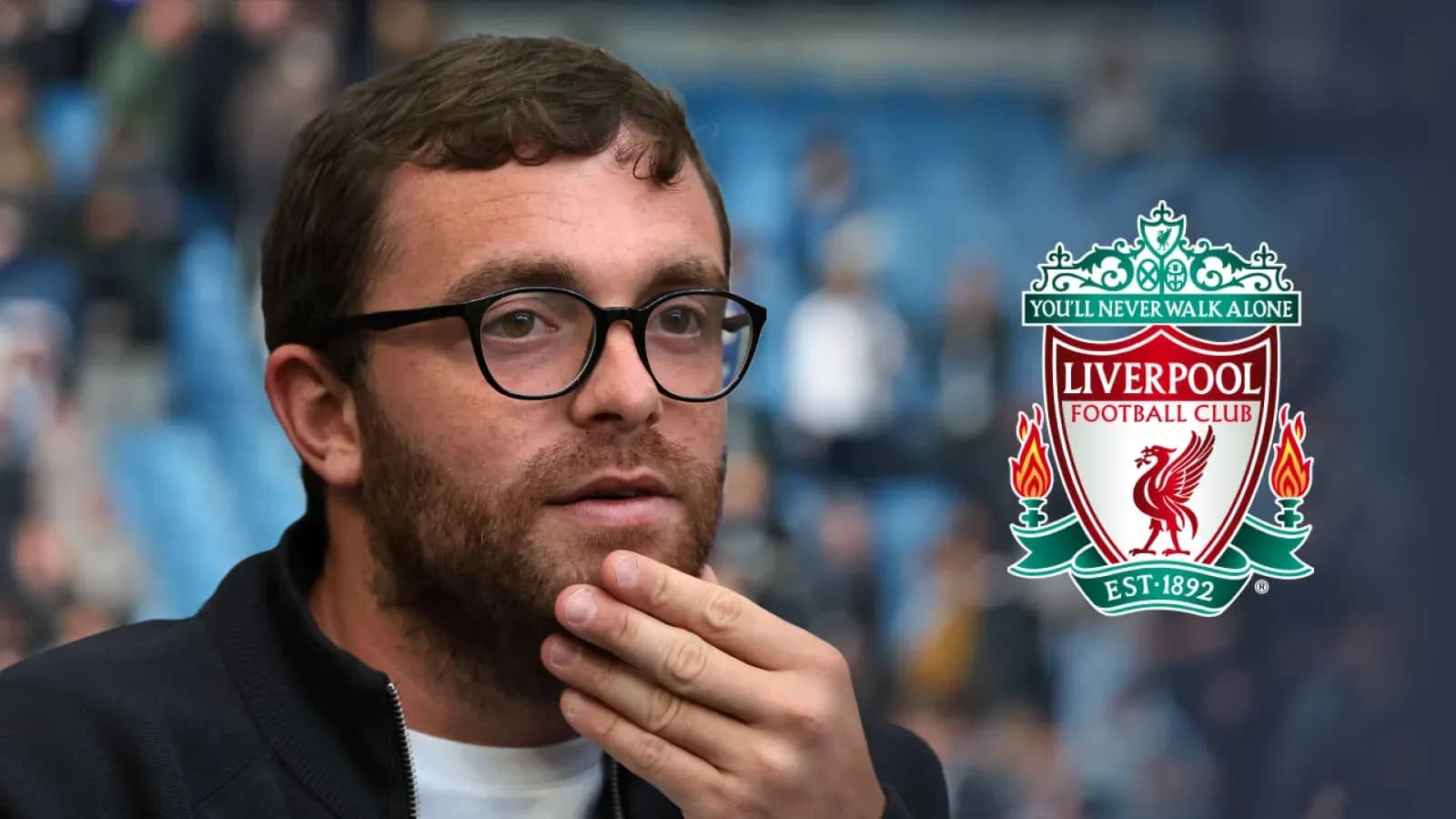Person deep in thought with Liverpool FC logo Person deep in thought with Liverpool FC logo