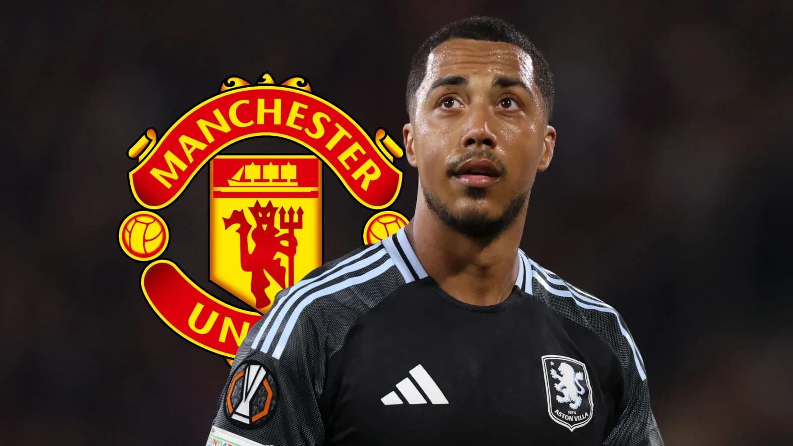 Aston Villa goalkeeper with Manchester United logo background Aston Villa goalkeeper with Manchester United logo background