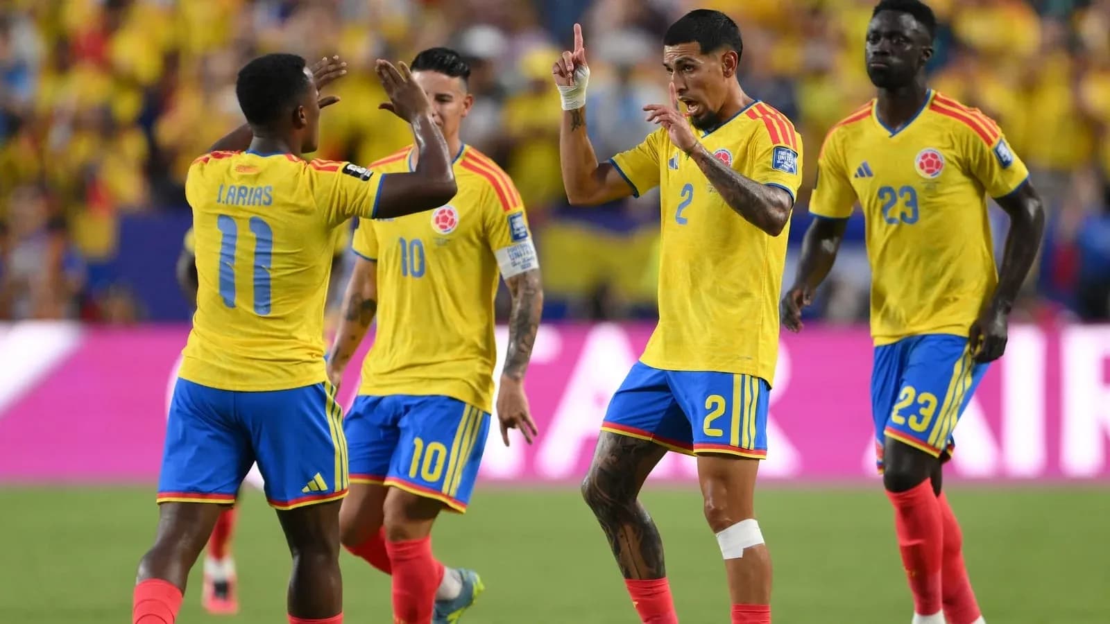Colombian players celebrating a goal during match Colombian players celebrating a goal during match