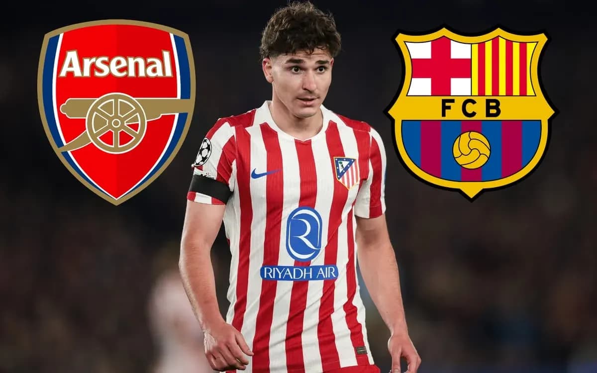 Player in Atlético Madrid kit with Arsenal and Barcelona logos Player in Atlético Madrid kit with Arsenal and Barcelona logos