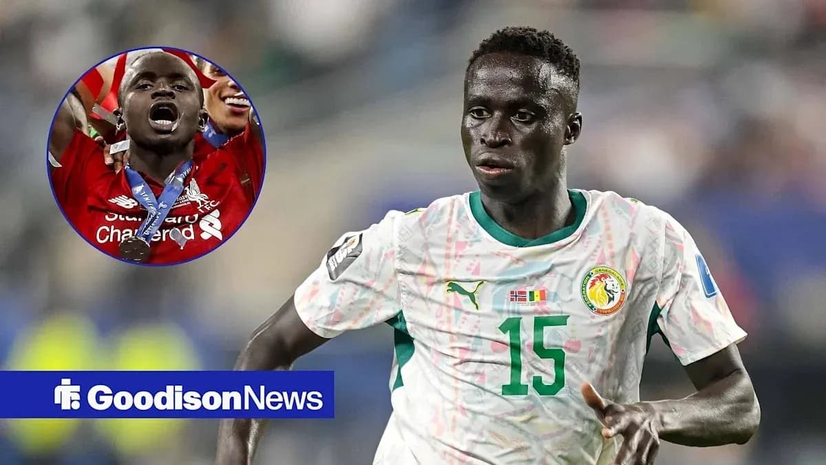 Senegal player running during match, inset of celebration Senegal player running during match, inset of celebration