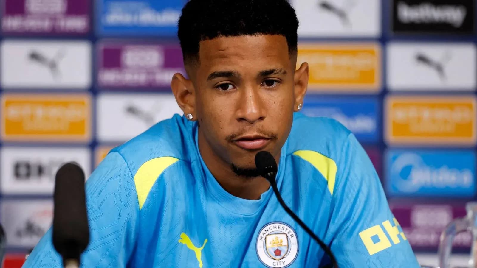 Player speaking at Manchester City press conference Player speaking at Manchester City press conference