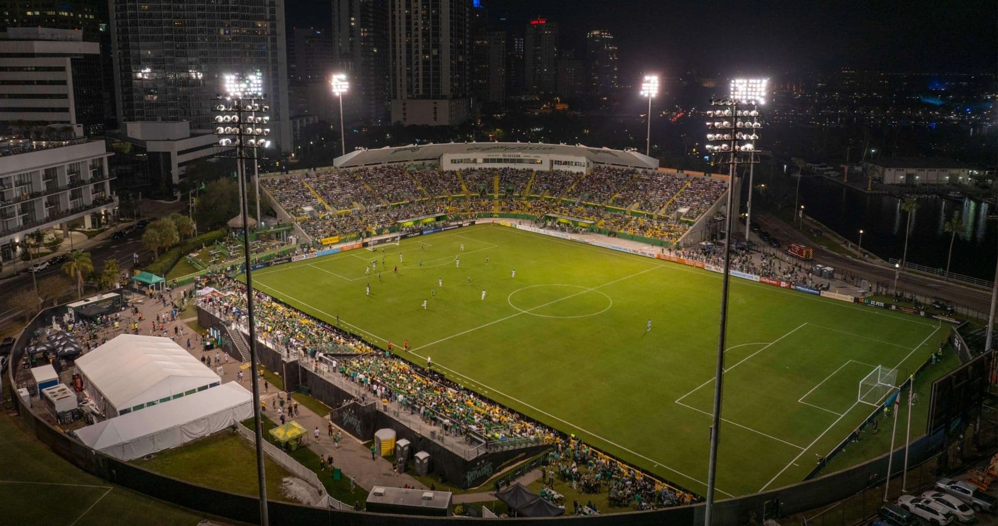 Tampa Bay Rowdies match in stadium at night Tampa Bay Rowdies match in stadium at night