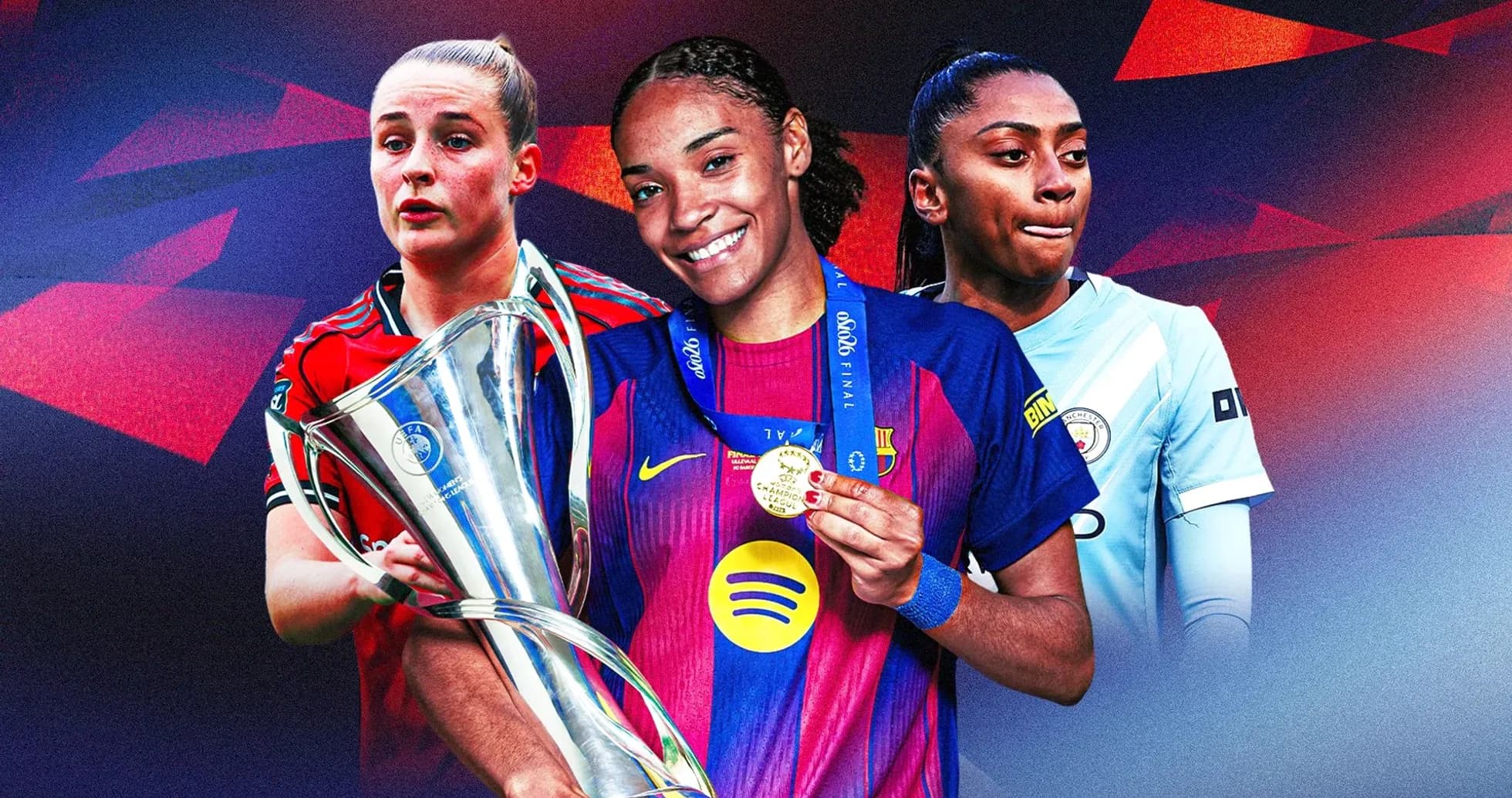 Three women football players with a trophy and medal Three women football players with a trophy and medal