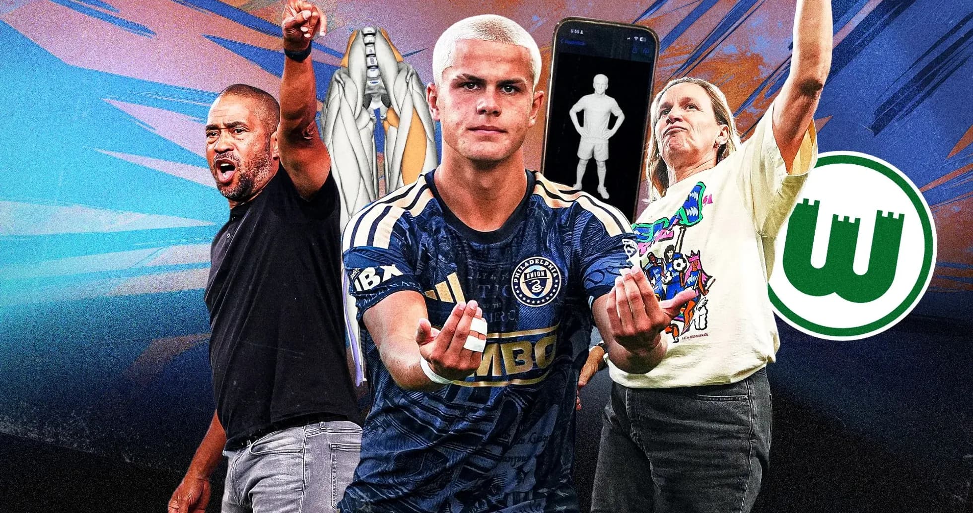 Three people celebrating with sports gestures and logos Three people celebrating with sports gestures and logos