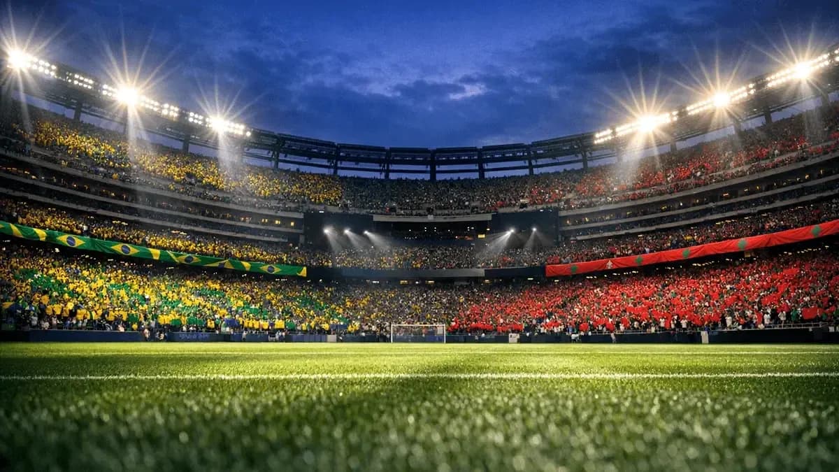 Brazil and Morocco fans cheering in stadium Brazil and Morocco fans cheering in stadium