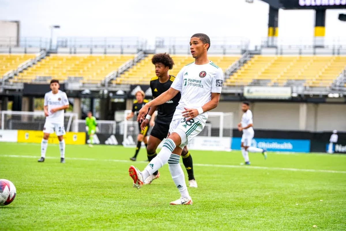 Player kicking ball during Columbus Crew II match Player kicking ball during Columbus Crew II match