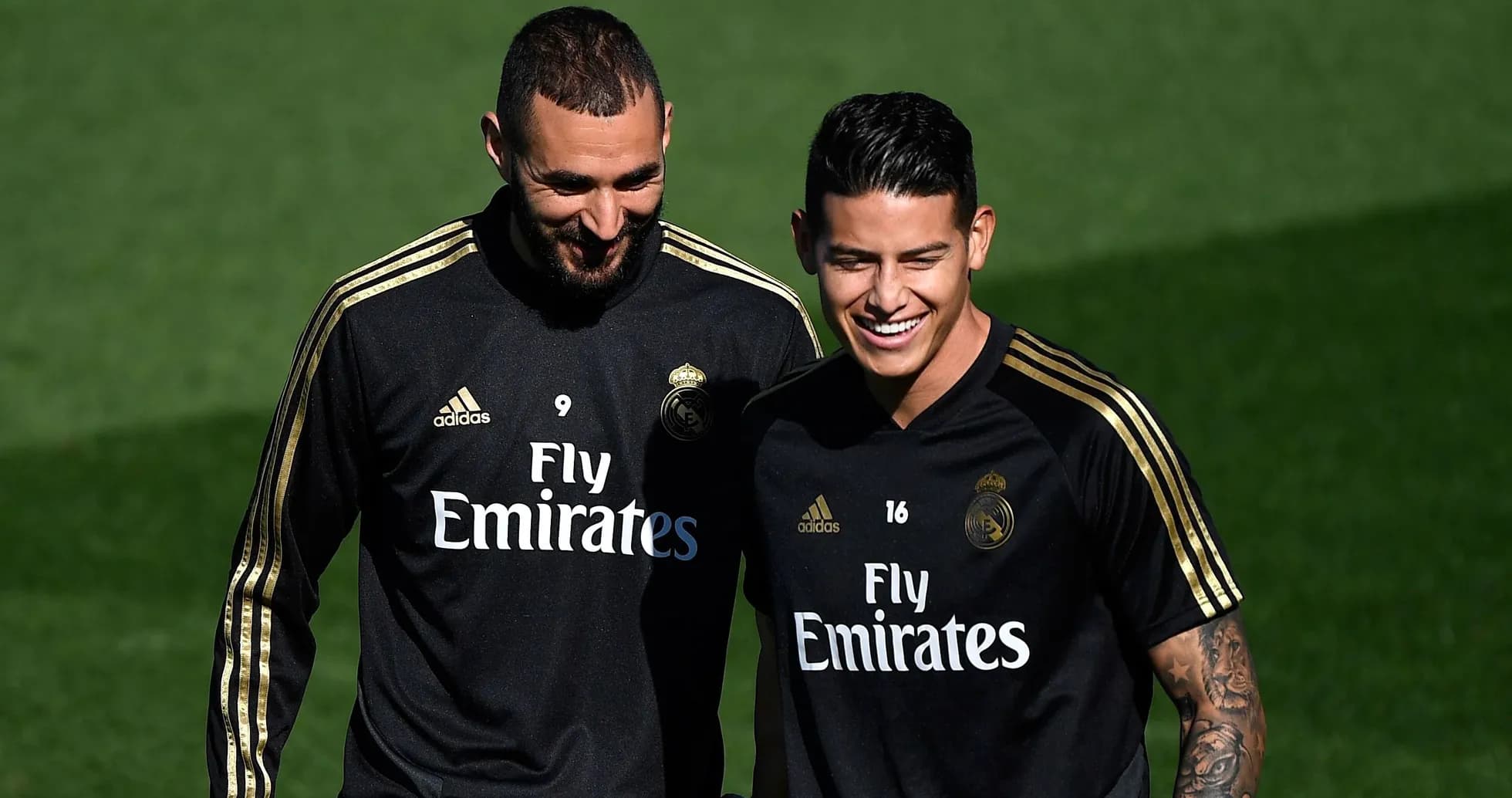 Two players smiling during Real Madrid training session Two players smiling during Real Madrid training session