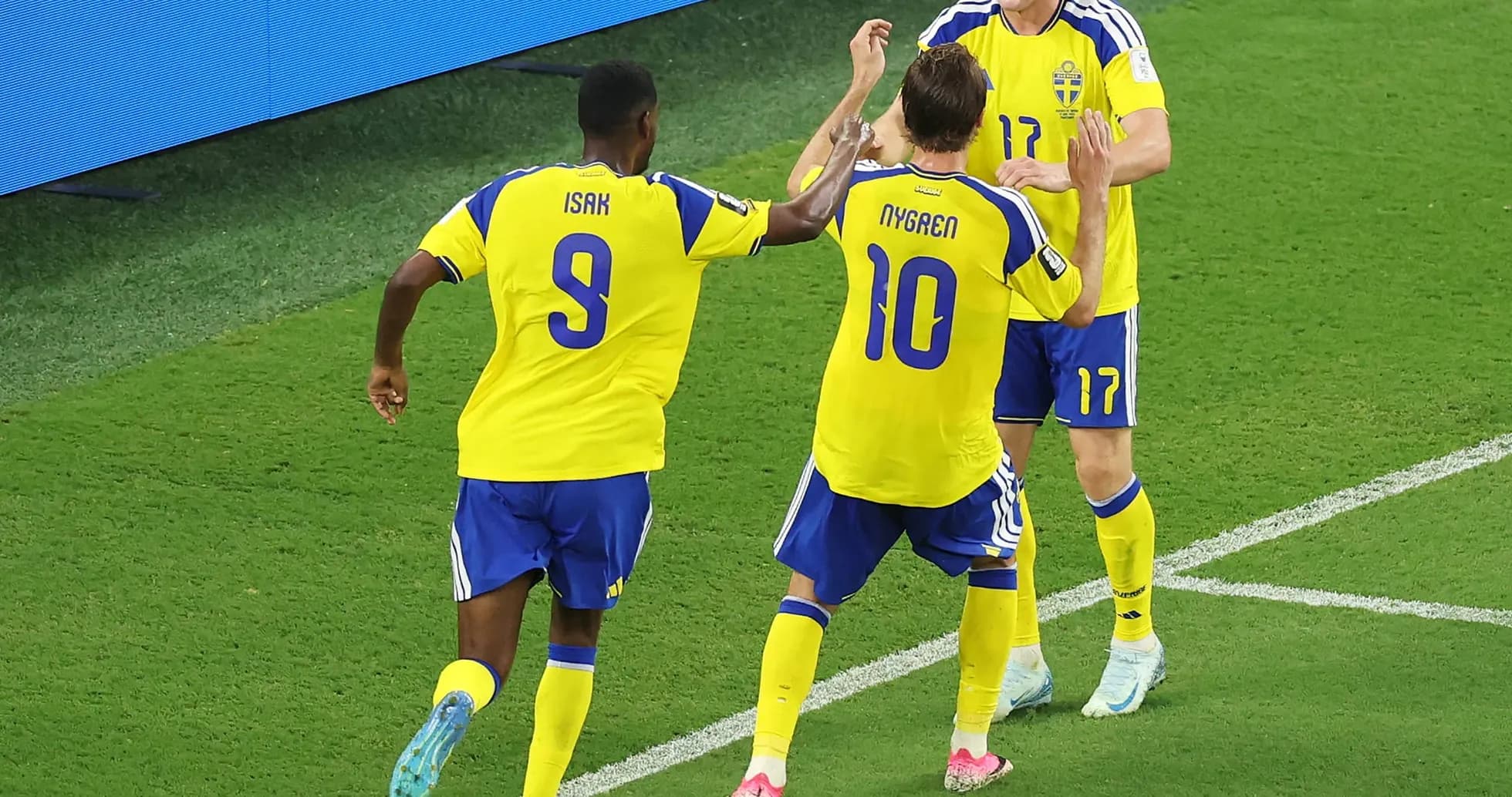 Swedish players celebrating a goal during match Swedish players celebrating a goal during match