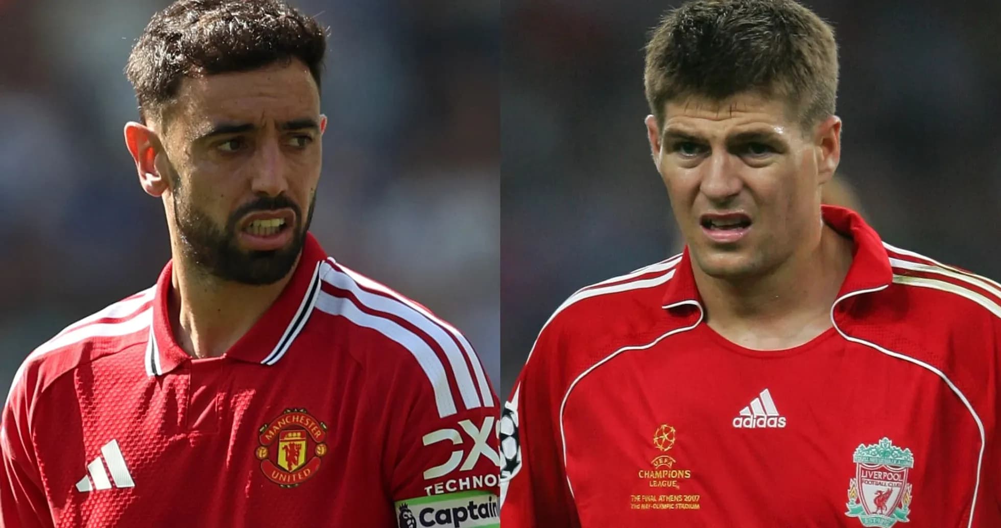 Bruno Fernandes and Steven Gerrard in football jerseys Bruno Fernandes and Steven Gerrard in football jerseys
