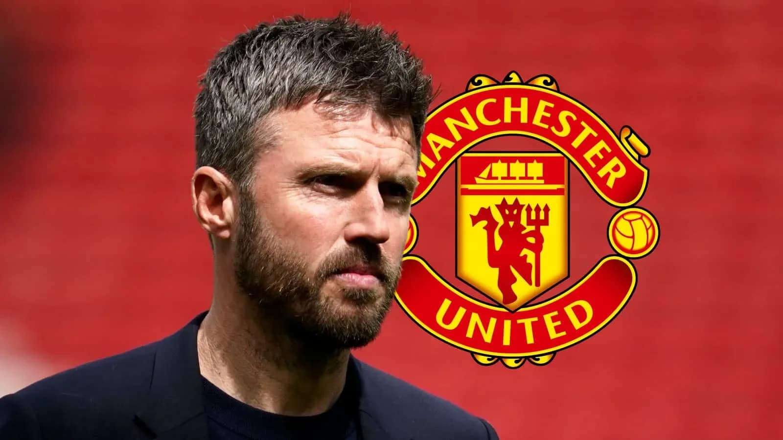 Man standing in front of Manchester United logo Man standing in front of Manchester United logo