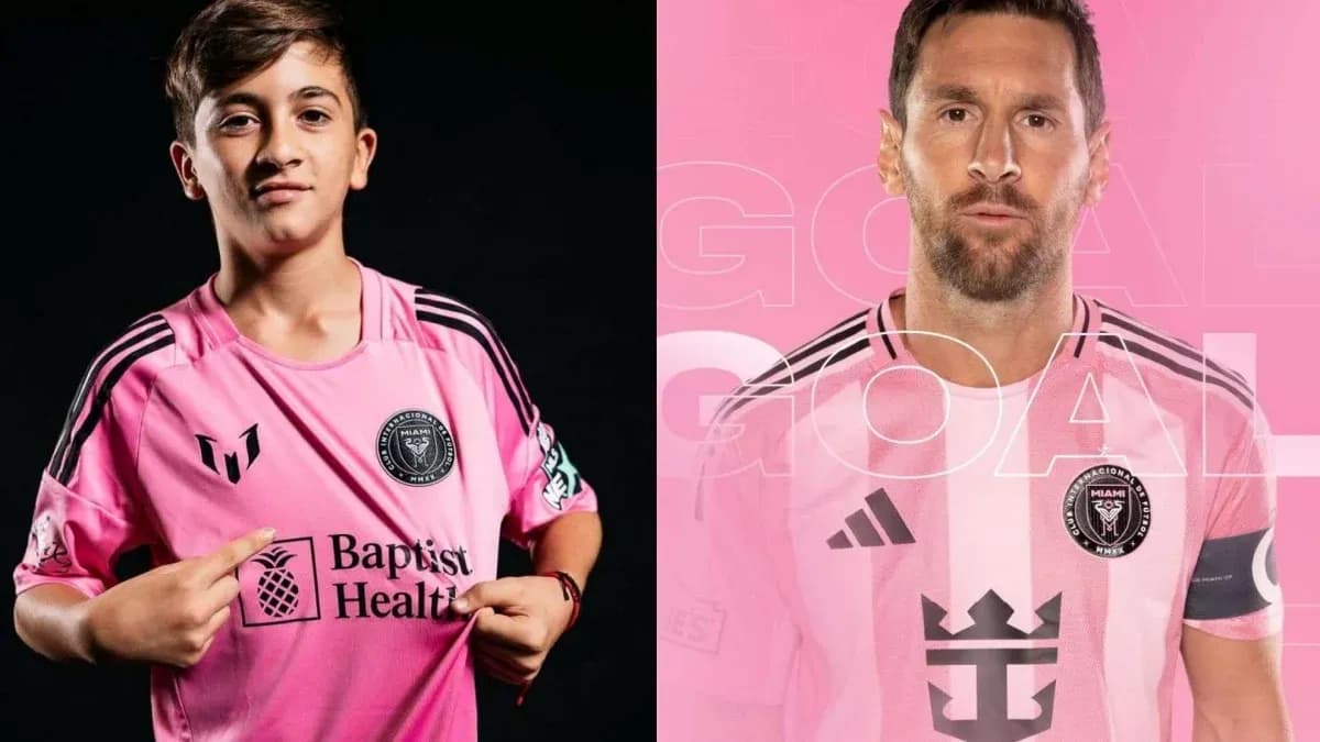 Young player and Messi in pink Miami jersey Young player and Messi in pink Miami jersey