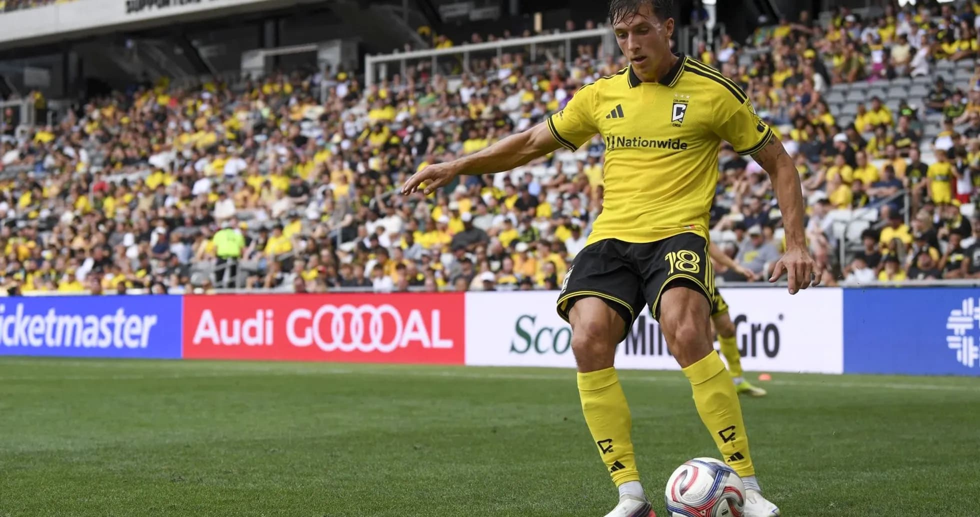 Columbus Crew player preparing for corner kick Columbus Crew player preparing for corner kick
