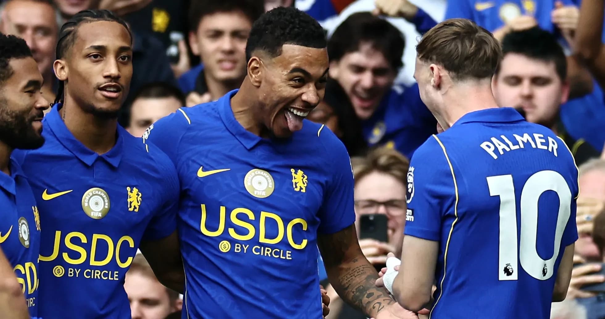 Chelsea players celebrating a goal during match Chelsea players celebrating a goal during match