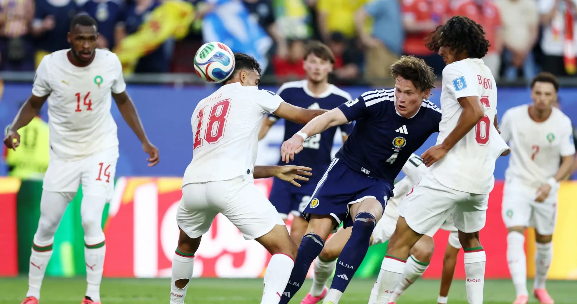 Scotland and Morocco players contesting for the ball Scotland and Morocco players contesting for the ball