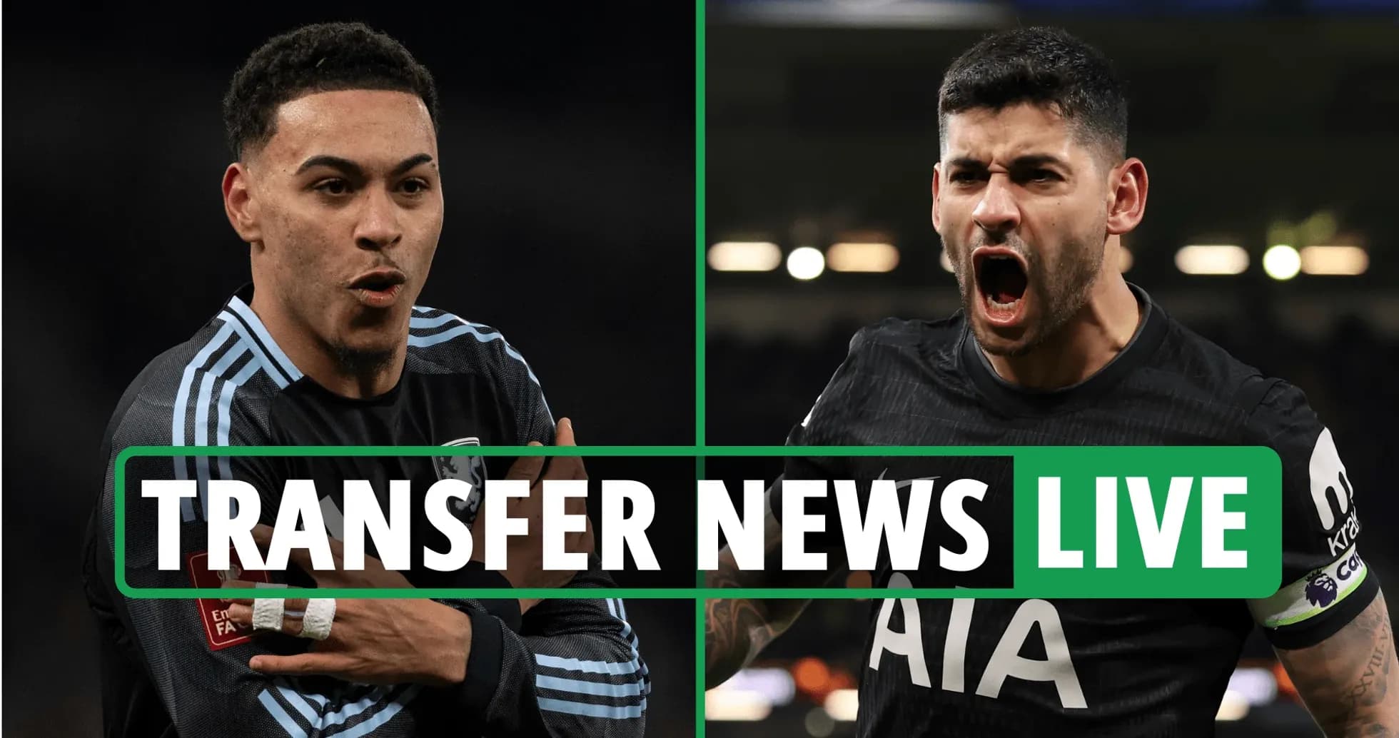 Two football players celebrating with 'Transfer News Live' banner Two football players celebrating with 'Transfer News Live' banner