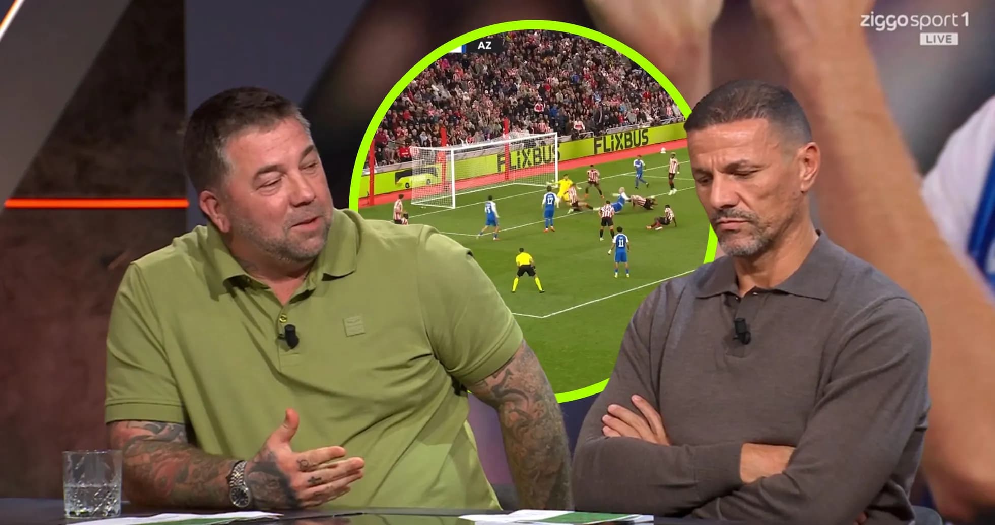 Sports analysts discussing match highlights on set Sports analysts discussing match highlights on set