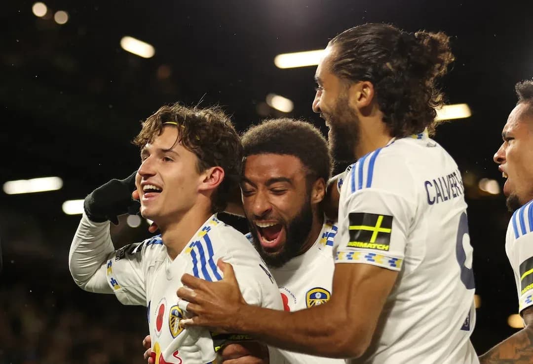 Leeds players celebrating a goal during match Leeds players celebrating a goal during match