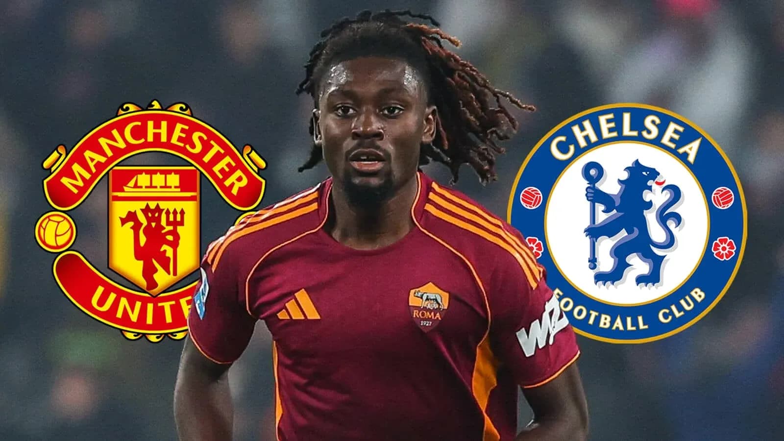 Player in Roma kit with Manchester United and Chelsea logos Player in Roma kit with Manchester United and Chelsea logos
