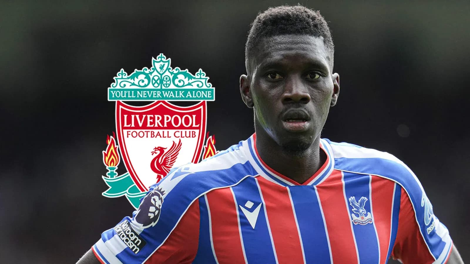 Player in Crystal Palace jersey with Liverpool logo background Player in Crystal Palace jersey with Liverpool logo background