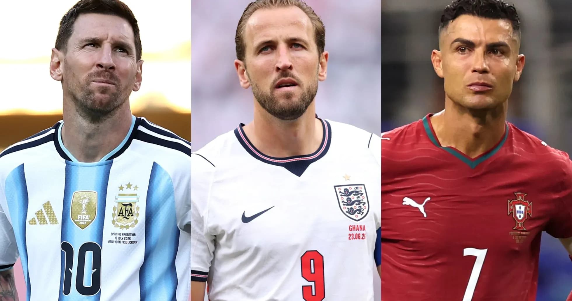 Messi, Kane, and Ronaldo in national team jerseys Messi, Kane, and Ronaldo in national team jerseys