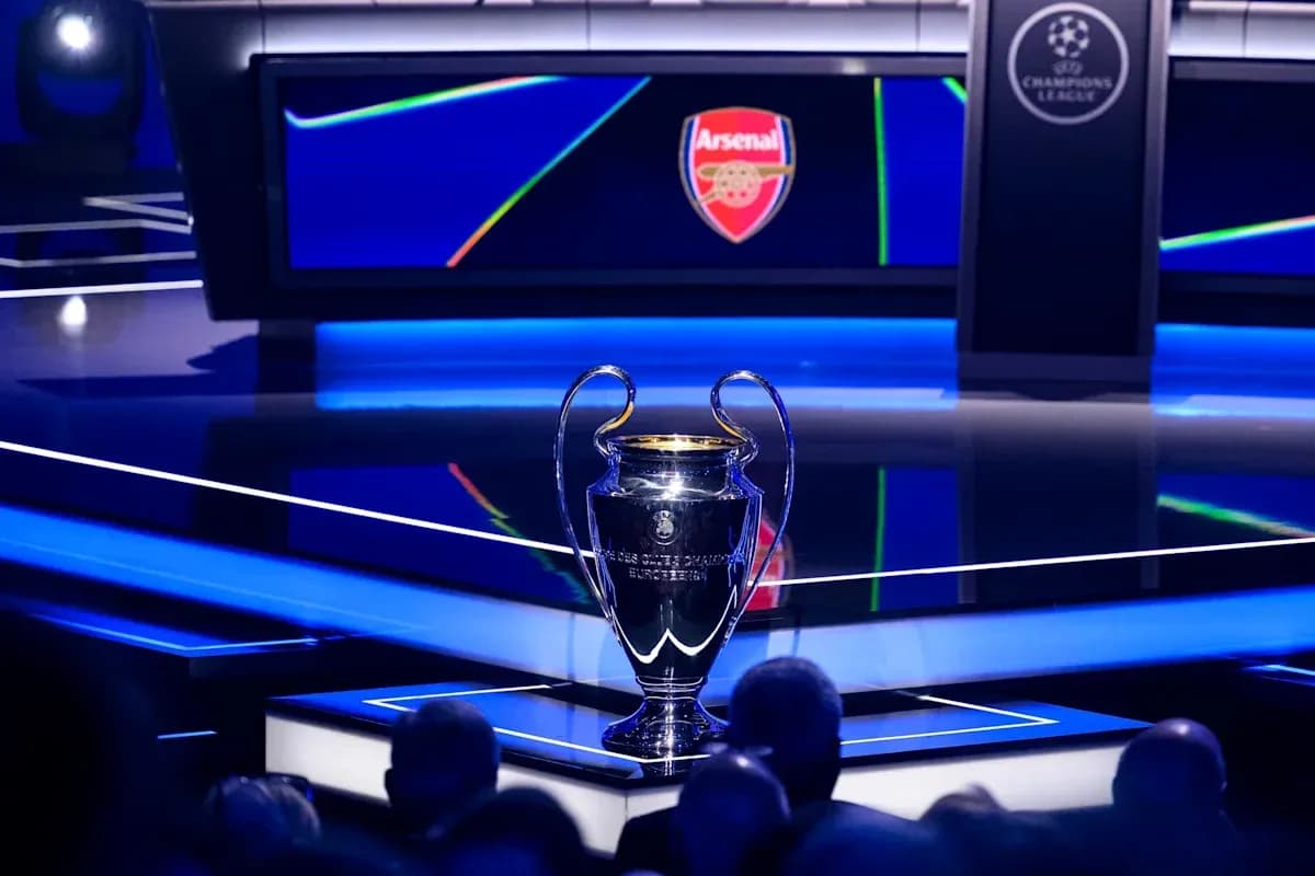 Champions League trophy displayed at event stage Champions League trophy displayed at event stage