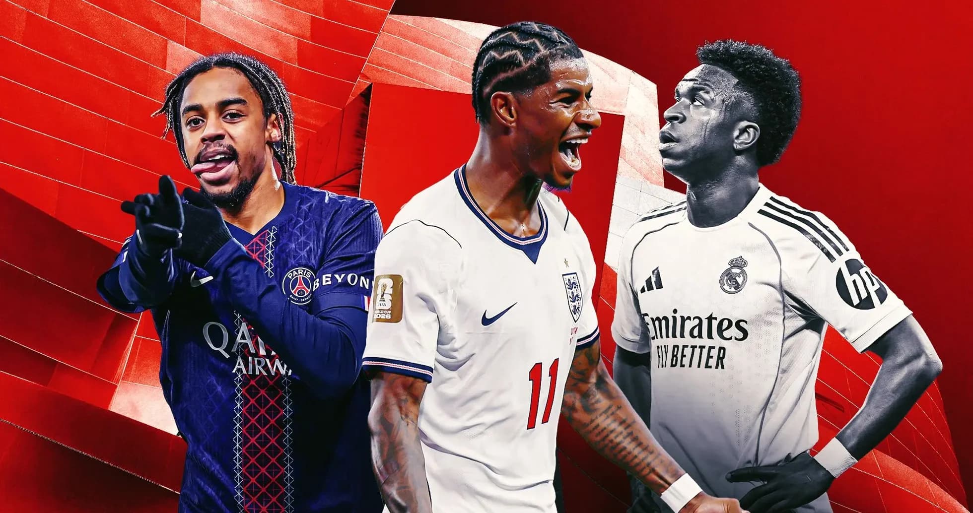 Three football players in team jerseys against red background Three football players in team jerseys against red background