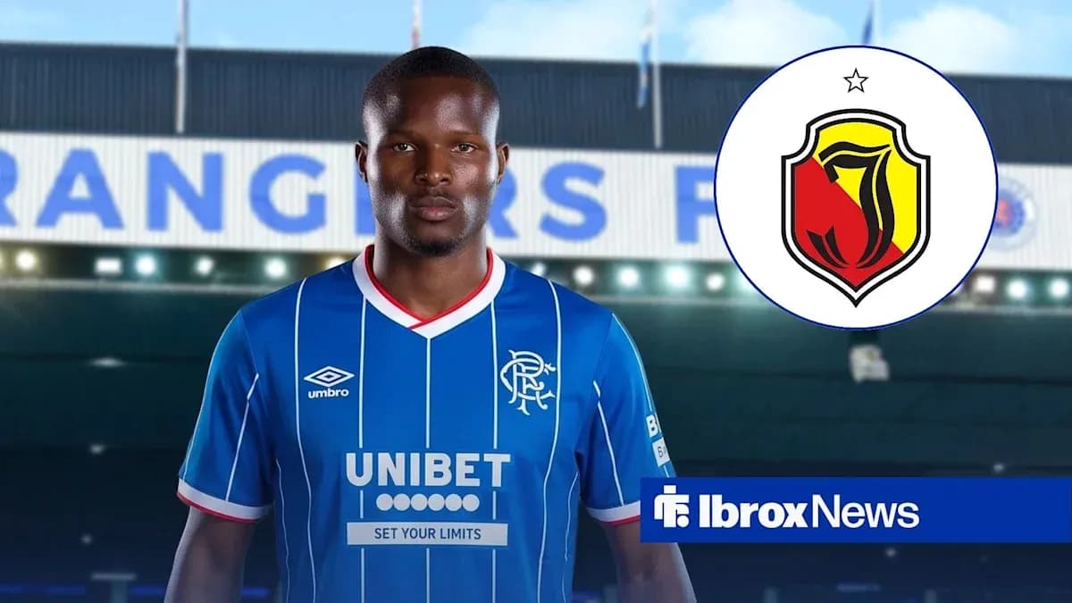 Player in Rangers kit with club logos displayed Player in Rangers kit with club logos displayed