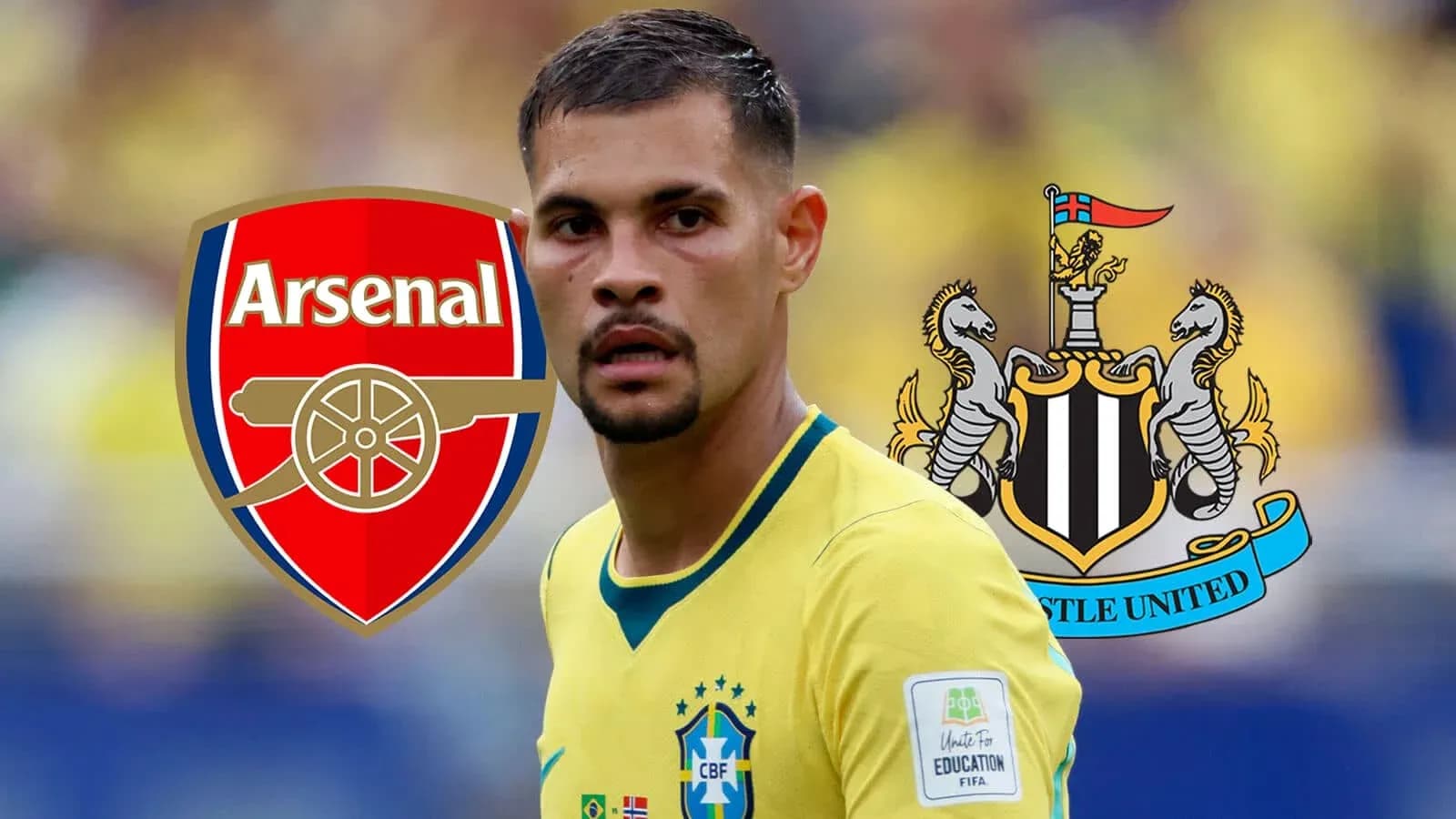 Player in Brazil kit with Arsenal and Newcastle logos Player in Brazil kit with Arsenal and Newcastle logos