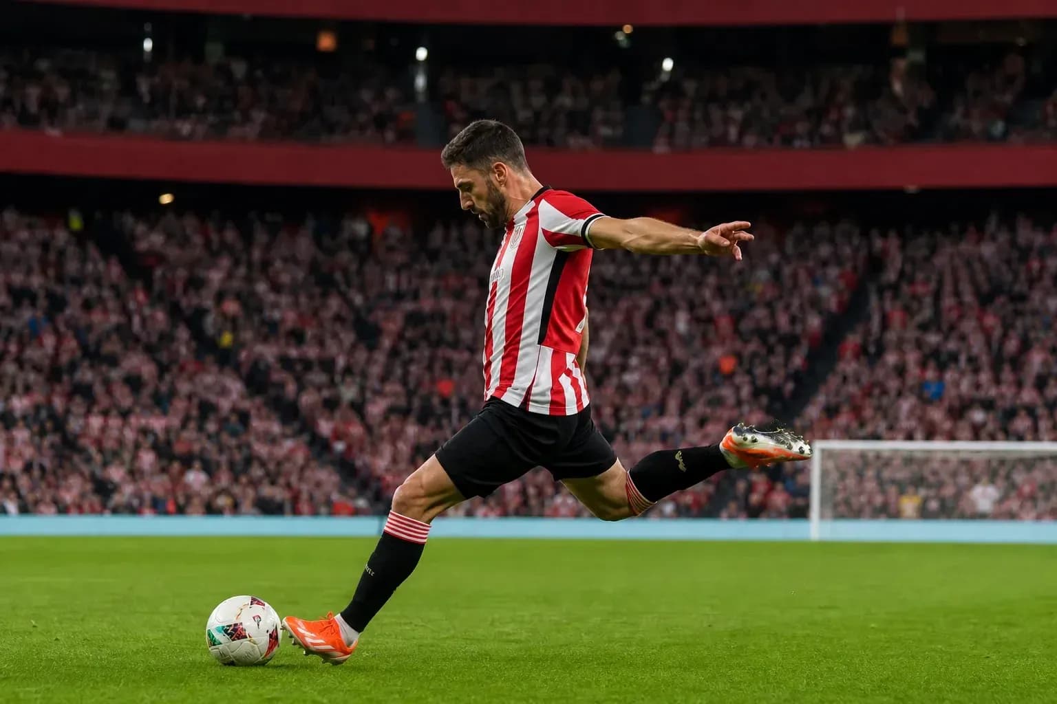 Player taking a corner kick in stadium Player taking a corner kick in stadium