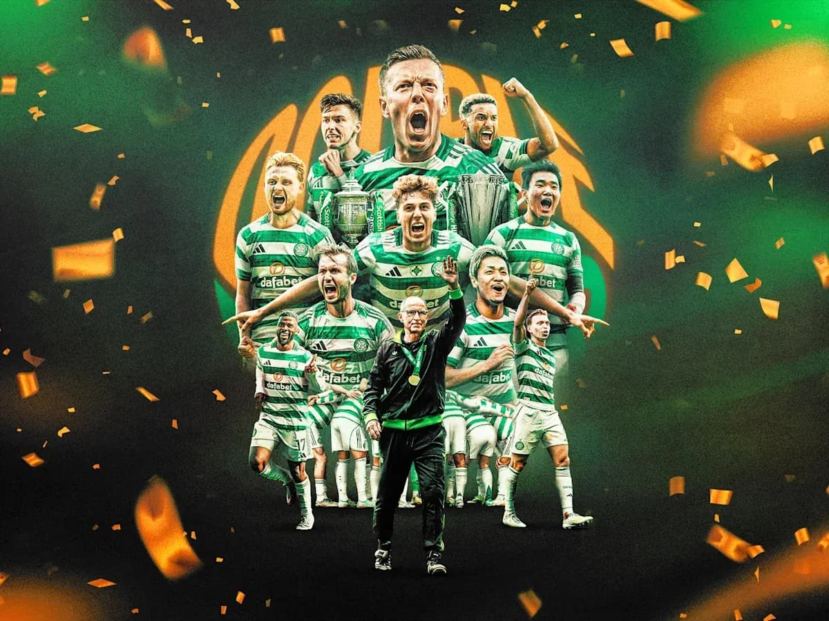 Celtic FC players celebrating with trophies and confetti Celtic FC players celebrating with trophies and confetti