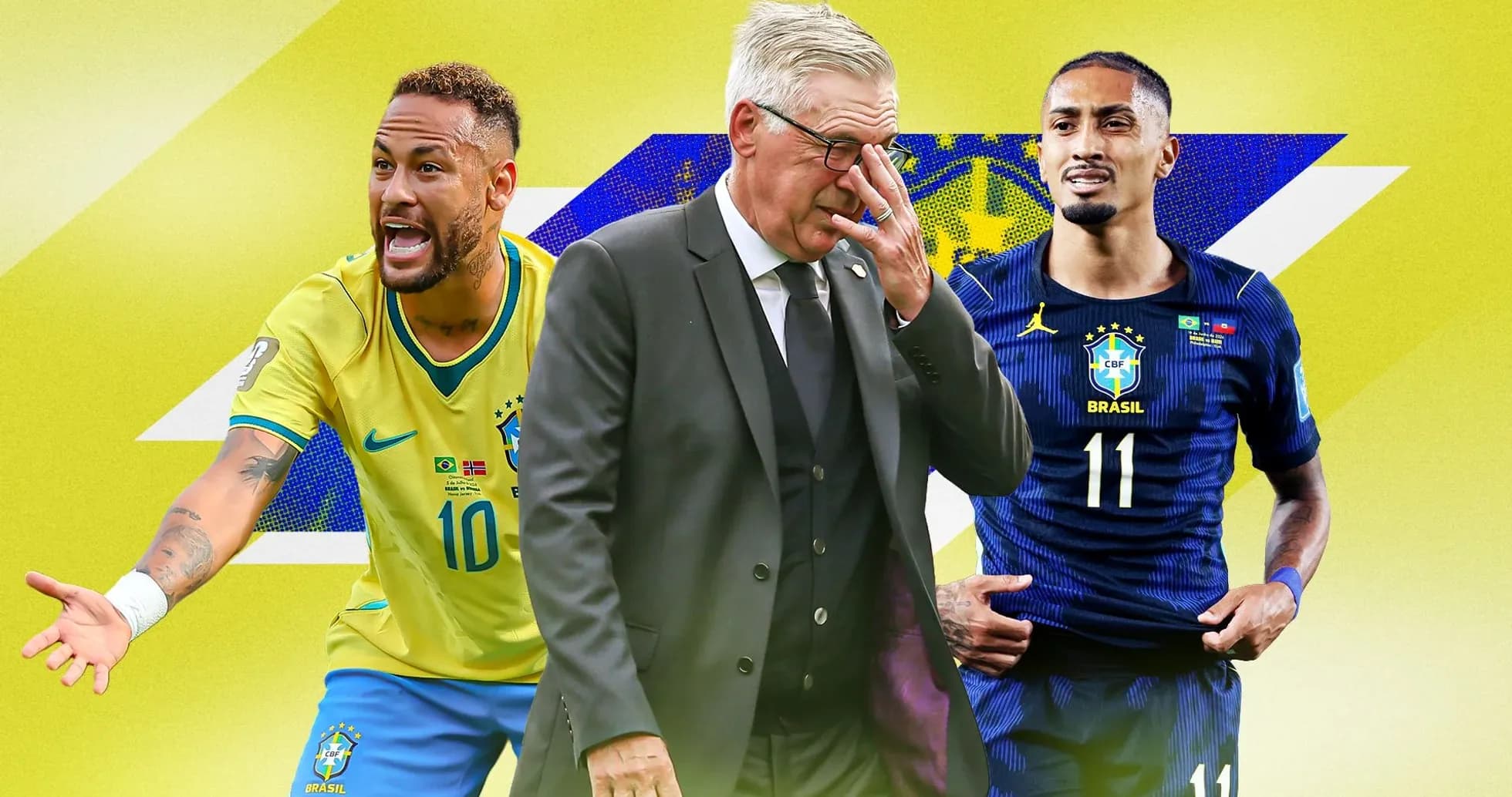 Neymar and Brazil coach with player on yellow background Neymar and Brazil coach with player on yellow background