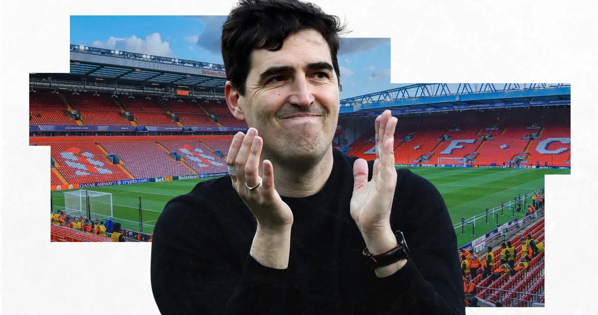 Man applauding in front of Anfield stadium Man applauding in front of Anfield stadium