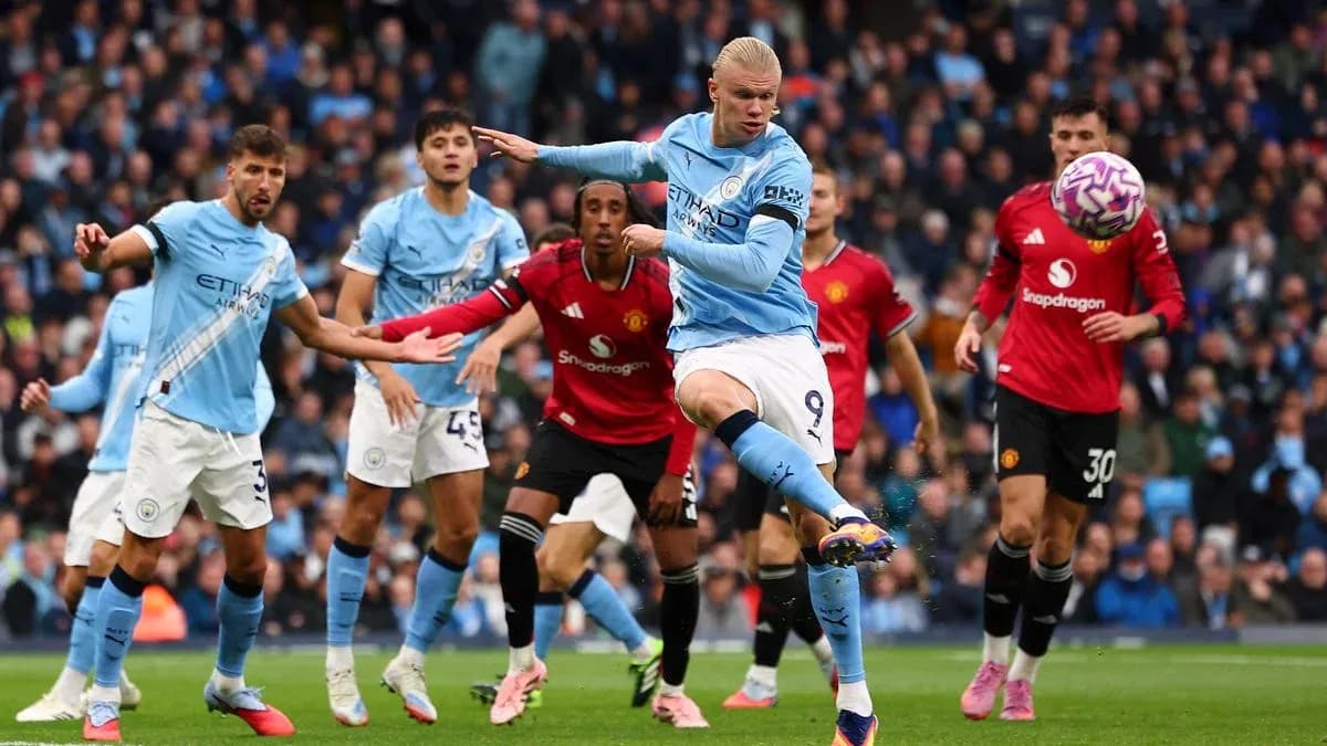 Erling Haaland striking the ball during Manchester derby Erling Haaland striking the ball during Manchester derby