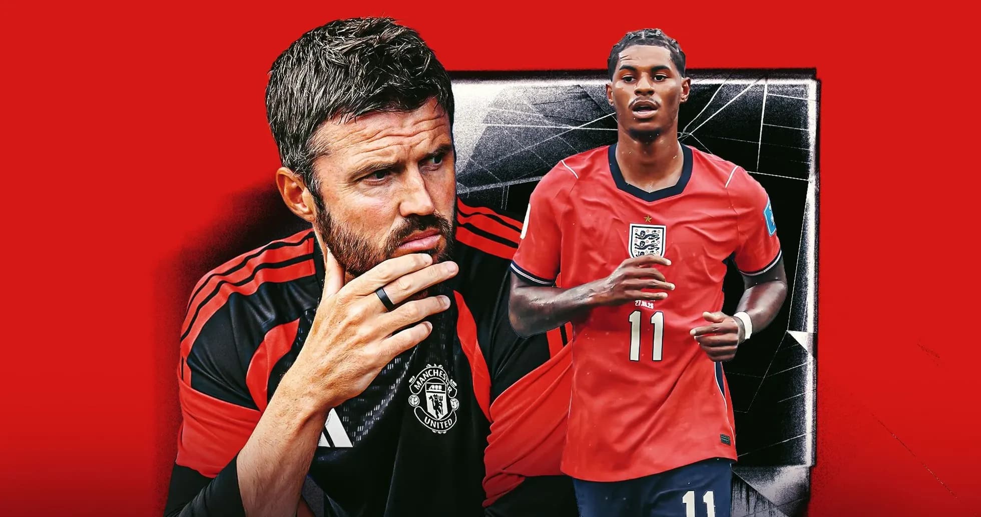 Coach and player in England football kit on red background Coach and player in England football kit on red background