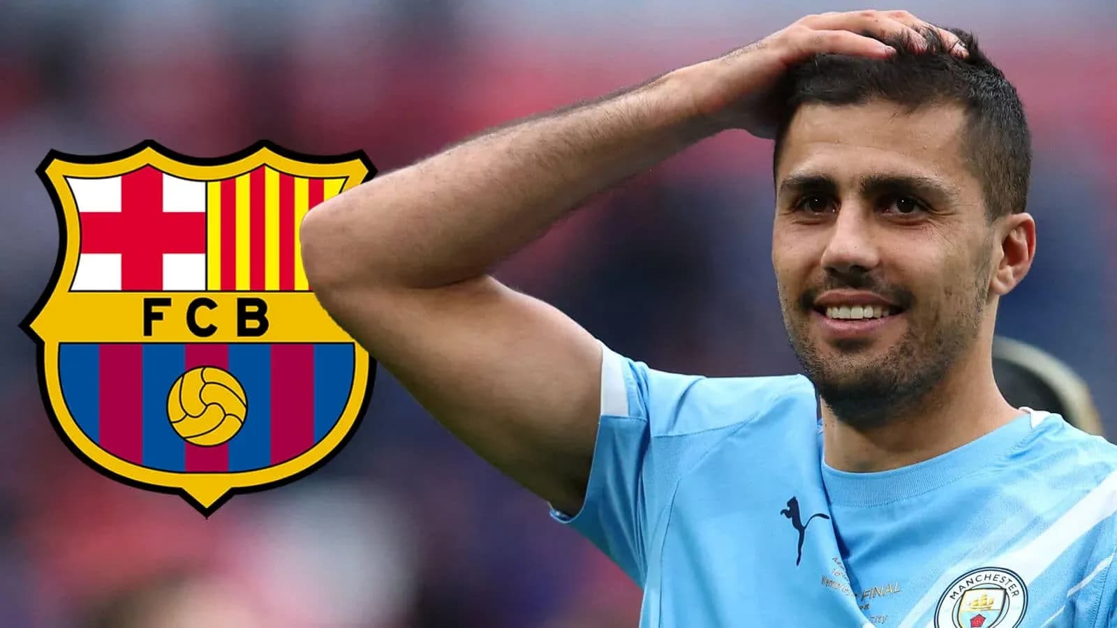 Player smiling with Manchester City and Barcelona logos Player smiling with Manchester City and Barcelona logos