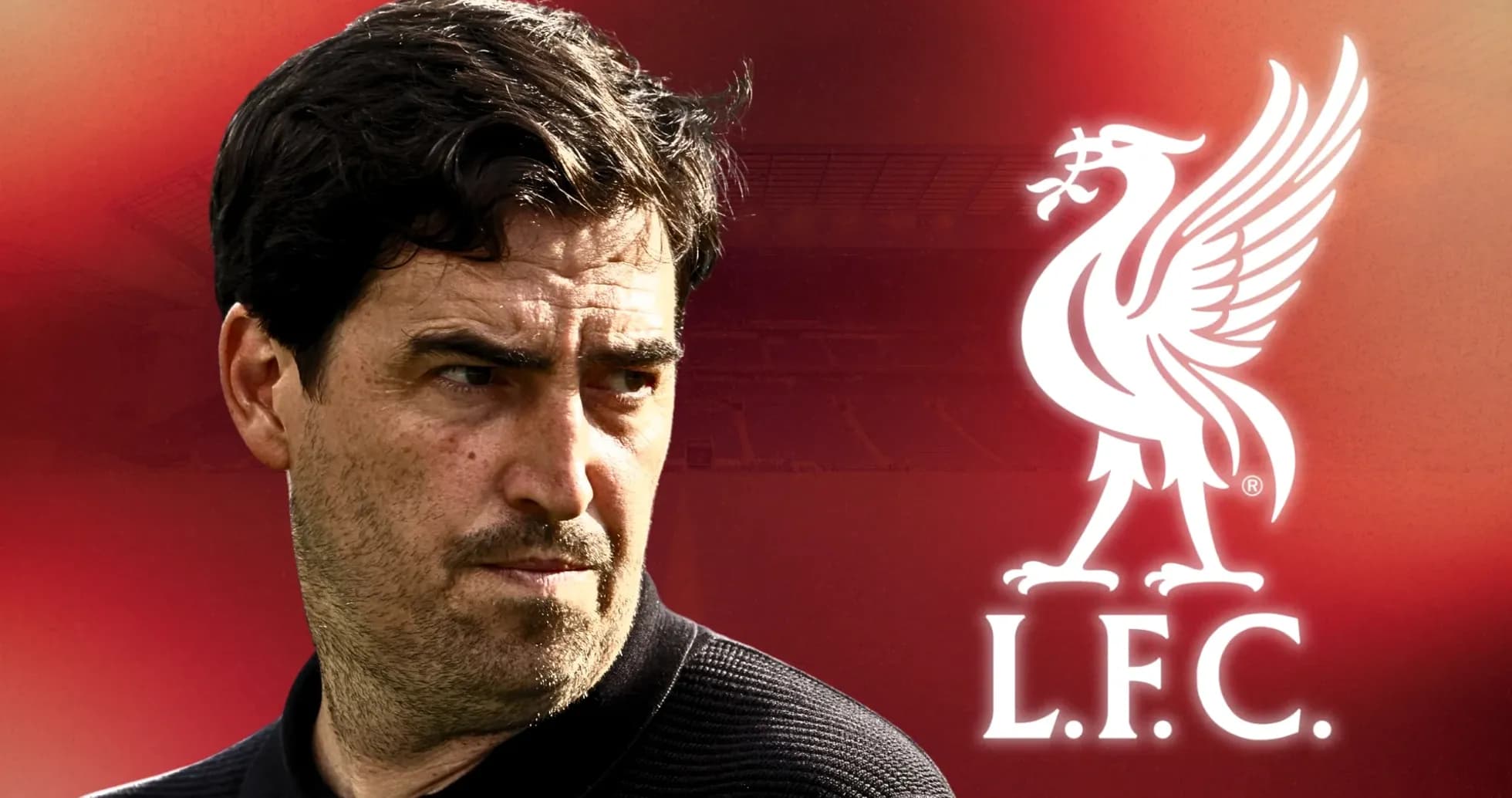 Coach portrait with Liverpool FC logo in background Coach portrait with Liverpool FC logo in background