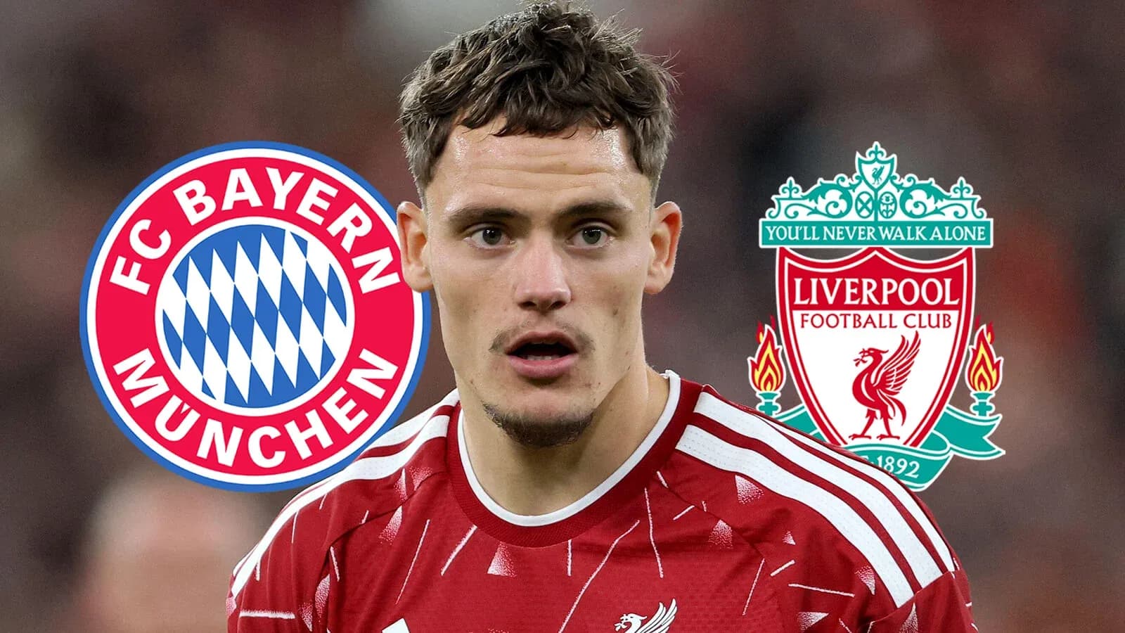 Player with Liverpool and Bayern Munich logos in background Player with Liverpool and Bayern Munich logos in background