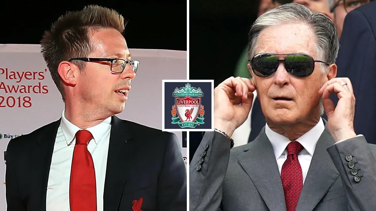 Two men at Liverpool FC event with club logo Two men at Liverpool FC event with club logo