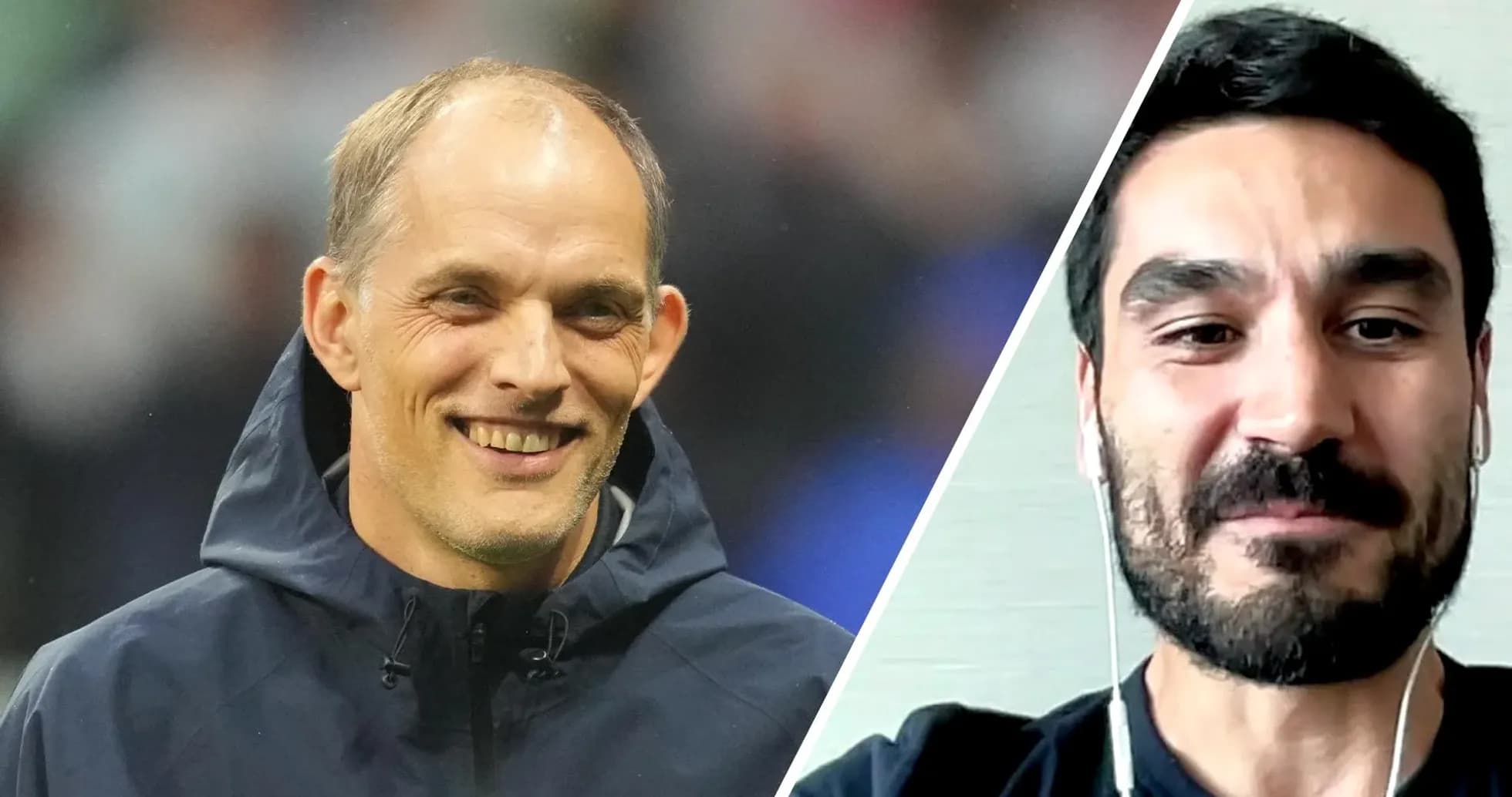 Thomas Tuchel and Ilkay Gündogan smiling in split image Thomas Tuchel and Ilkay Gündogan smiling in split image