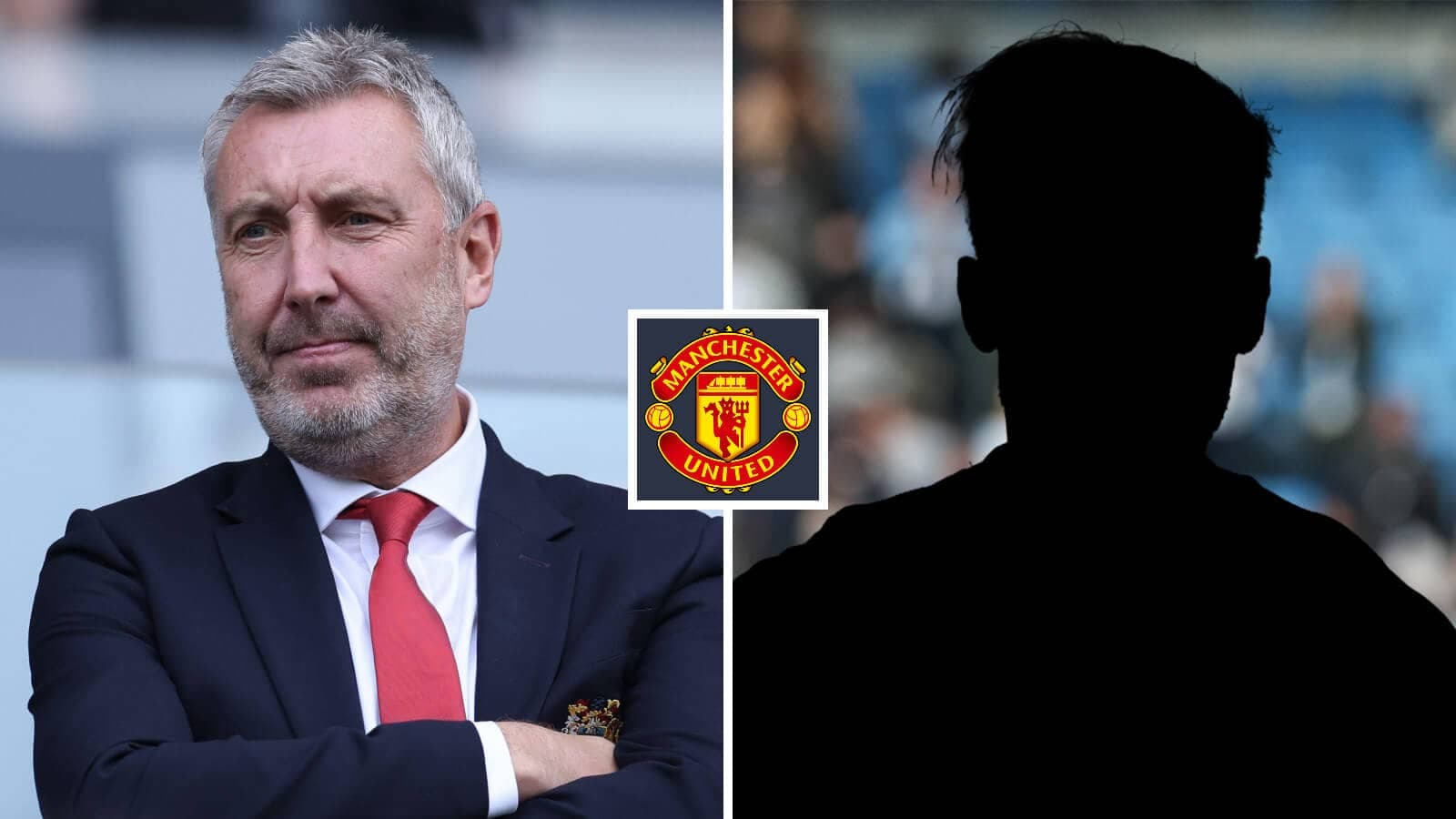 Man in suit beside Manchester United logo silhouette Man in suit beside Manchester United logo silhouette