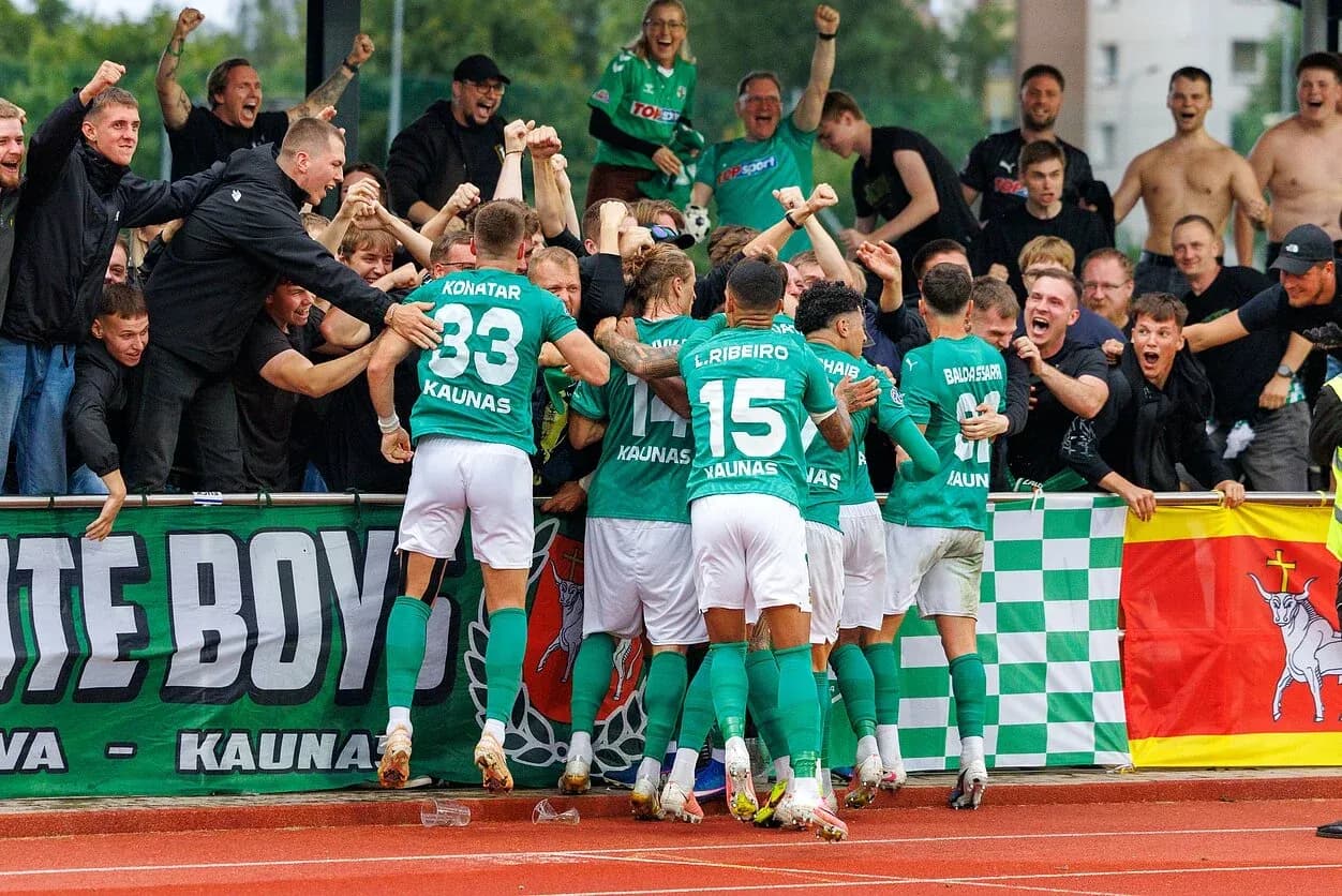 Žalgiris players celebrating with fans after a goal Žalgiris players celebrating with fans after a goal