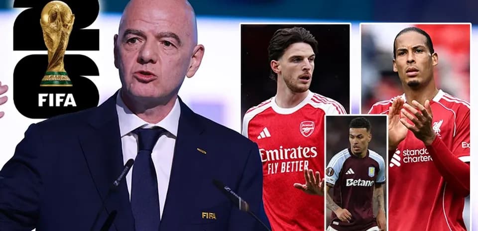 Gianni Infantino speaking with FIFA World Cup logo Gianni Infantino speaking with FIFA World Cup logo