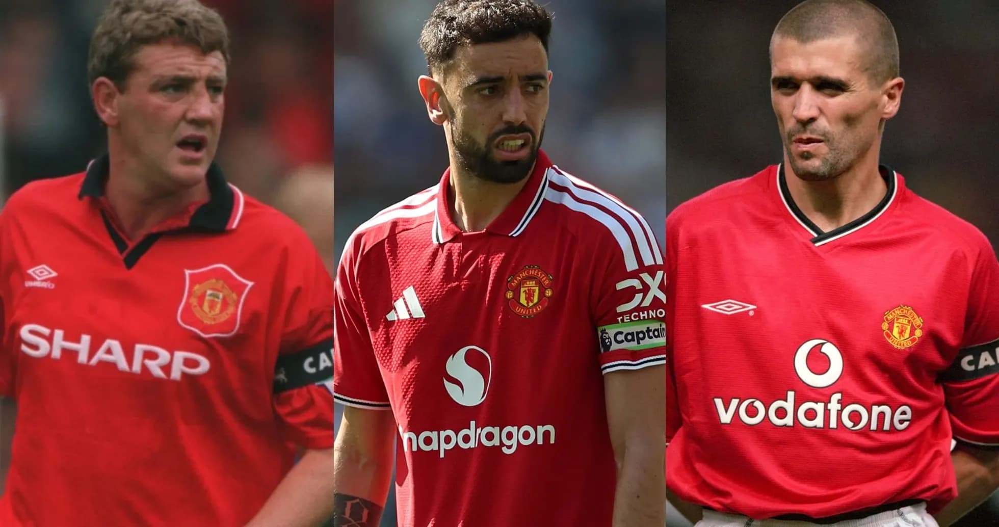 Three Manchester United captains in red jerseys Three Manchester United captains in red jerseys