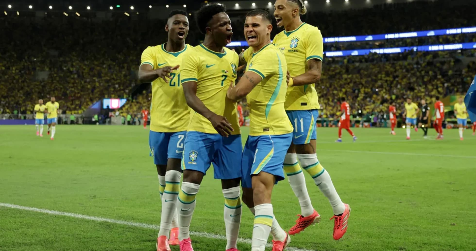 Brazil players celebrating a goal during match Brazil players celebrating a goal during match