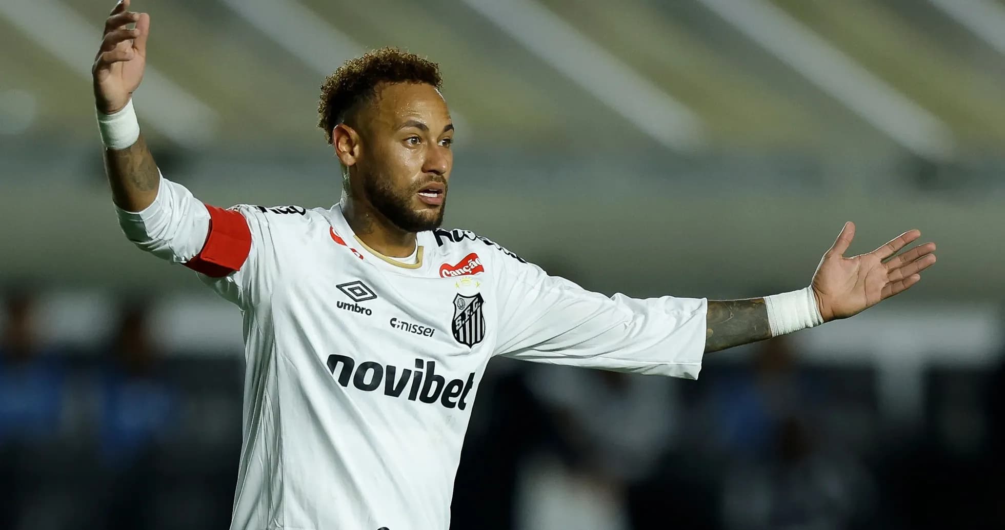 Neymar gesturing during Santos match on the field Neymar gesturing during Santos match on the field