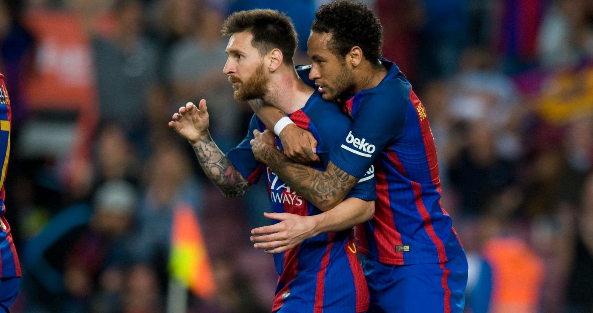 Lionel Messi and Neymar celebrating a goal together Lionel Messi and Neymar celebrating a goal together